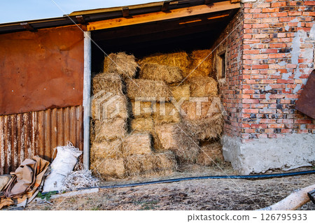 Hay bales stacked in barn during summer in Crimea Hay bales stacked in barn during summer in Crimea 126795933
