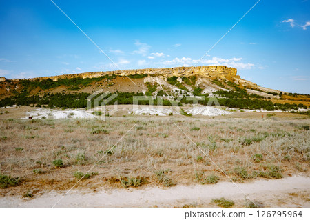 White rock rising above dry meadow in Crimea White rock rising above dry meadow in Crimea 126795964