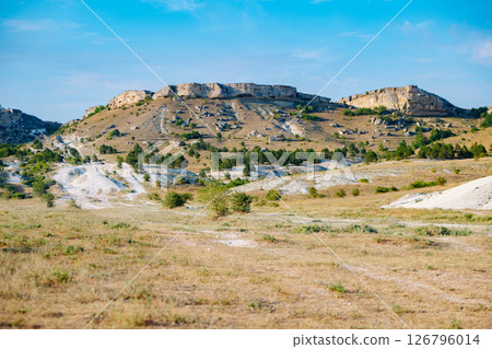 White rock mountain landscape overlooking dry valley in Crimea White rock mountain landscape overlooking dry valley in Crimea 126796014