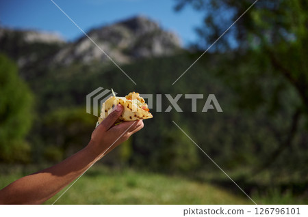 Hand Holding a Tasty Taco Against a Scenic Mountainous Background 126796101