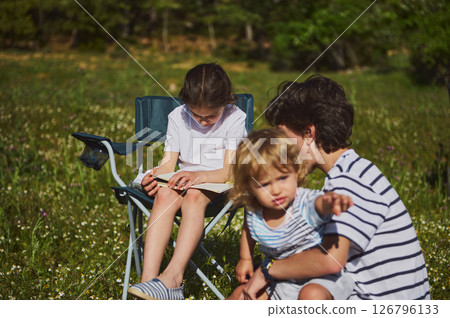 Happy Mother Spending Quality Time With Her Children Outdoors in Scenic Nature 126796133