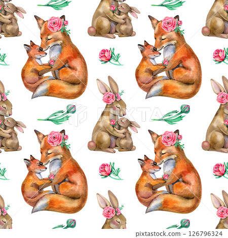 Cute seamless pattern with forest animals bunnies,Mother's Day greeting fabric wrapping paper Cute seamless pattern with forest animals bunnies,Mother's Day greeting fabric wrapping paper 126796324