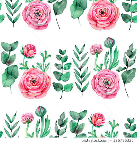 Ranunculus buttercup . Seamless floral pattern with pink flowers and Ranunculus buds. illustration. Ranunculus buttercup . Seamless floral pattern with pink flowers and Ranunculus buds. illustration. 126796325