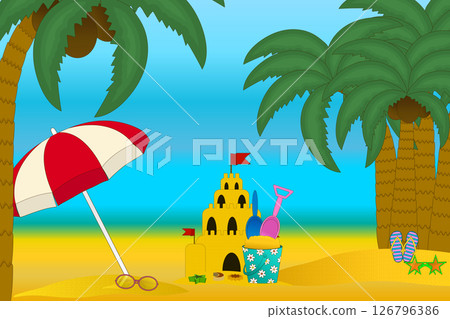 Tropical summer scene with sandcastle, beach umbrella, palm trees, bucket, shovel and toy molds set, sunglasses, and flip flops on golden sand under blue sky. For summertime, vacation, outdoor design. Tropical summer scene with sandcastle, beach umbrella, palm trees, bucket, shovel and toy molds set, sunglasses, and flip flops on golden sand under blue sky. For summertime, vacation, outdoor design. 126796386