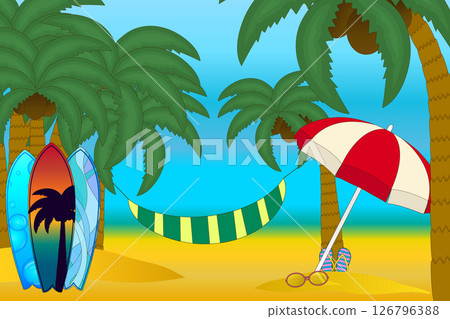Cartoon vector illustration scene of Tropical beach with palm trees, surfboards, hammock, umbrella, and summer accessories. For summertime, vacations, outdoor, sport, and activity concept design. Cartoon vector illustration scene of Tropical beach with palm trees, surfboards, hammock, umbrella, and summer accessories. For summertime, vacations, outdoor, sport, and activity concept design. 126796388