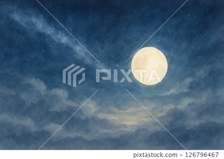 Watercolor illustration of a full moon and the Milky Way, a fantastic starry sky and sea of clouds at night Watercolor illustration of a full moon and the Milky Way, a fantastic starry sky and sea of clouds at night 126796467