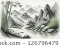 Serene mountain landscape with flowing river and bamboo. Watercolor style painting. Generative AI 126796479