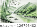 Serene mountain landscape with flowing river and bamboo. Watercolor style painting. Generative AI 126796482