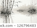 Bamboo ink wash painting illustration. Serene water reflection, Tranquil pond. Generative AI 126796483