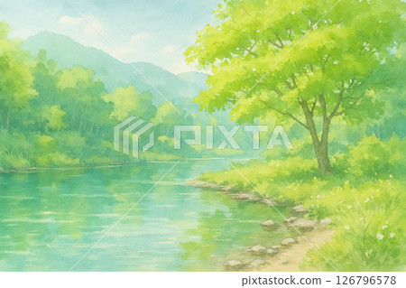 綠意盎然的河畔風景(水彩畫) 綠意盎然的河畔風景(水彩畫) 126796578