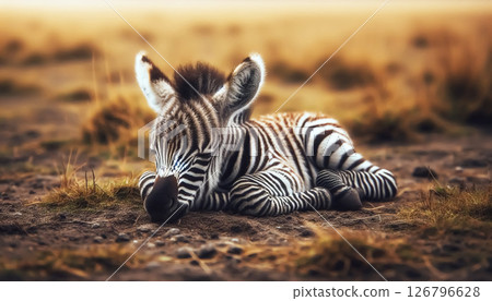 Baby zebra sleeping peacefully in the savannah 126796628