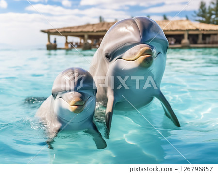 Pair of dolphins swimming in clear water 126796857
