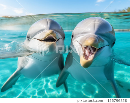 Pair of dolphins swimming in clear water 126796858
