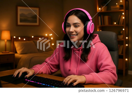 Cozy Room Portrait of Girl with Pink-Accented Hoodie and Headset 126796971