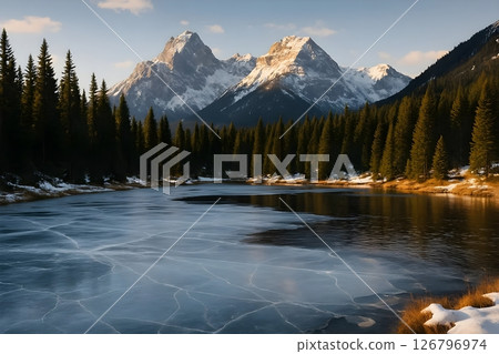 Frozen Lake at the Foot of Snowy Mountains in Forest 126796974