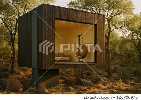 Minimalist Large Treehouse with Dark Wood Facade and Serene Interior 126796976