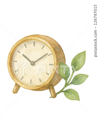 天然時鐘與綠葉水彩畫（透明背景） 126797015