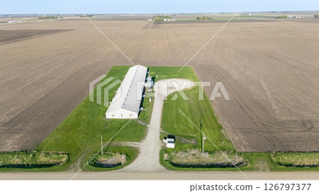 Aerial view above a confined animal operation hog building Aerial view above a confined animal operation hog building 126797377