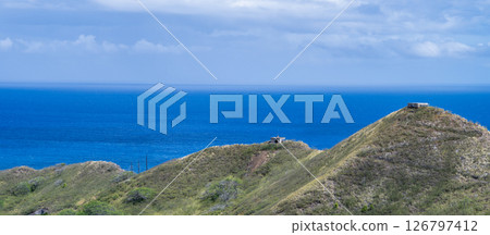 View of two lookout batteries on the ridge of Diamond Head State Monument in Oahu, Hawaii  126797412