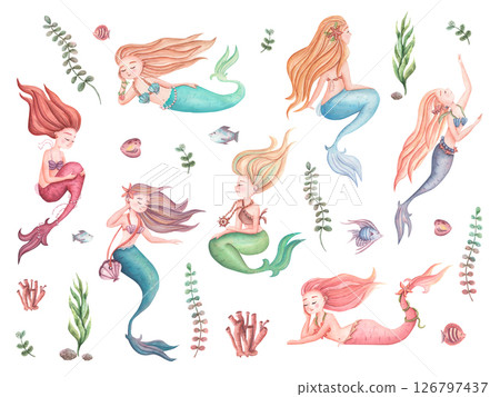 Hand drawn watercolor large set of cute mermaids. Children's illustration with beautiful princesses. Seaweed, fish, corals, sea underwater life. Hand drawn watercolor large set of cute mermaids. Children's illustration with beautiful princesses. Seaweed, fish, corals, sea underwater life. 126797437