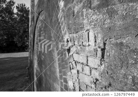 View of the ruined Scranton Iron Furnaces stone facade in Pennsylvania 126797449