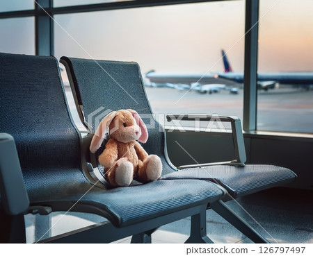 Waiting at the airport with a soft bunny toy while planes prepare for takeoff during sunset in the background Generative AI 126797497
