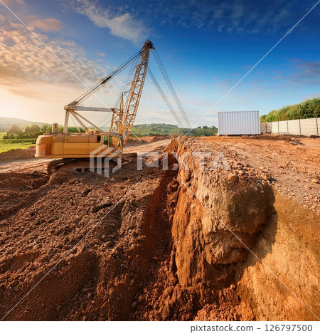 Excavator digging deep trench at construction site during sunset in rural landscape Generative AI 126797500