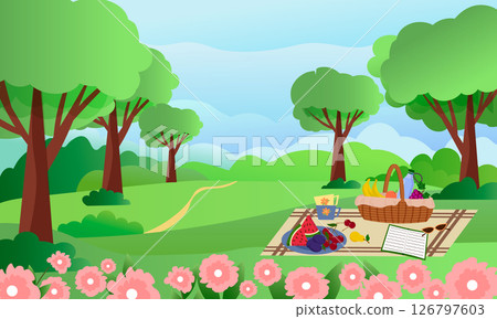 Picnic on a forest meadow. Relaxation on a nice sunny day. Picnic blanket and basket with food. Plate with fruits - watermelon, cherry, pear. Book and sunglasses. Green landscape, flower meadow 126797603