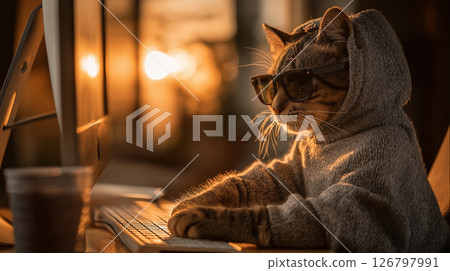 黃昏時分，一隻戴著墨鏡、身穿連帽衫的貓咪在辦公桌前用電腦工作，這真是一幕獨特的景象 126797991