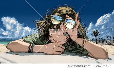 Smiling anime-style girl relaxing on the beach 126798598