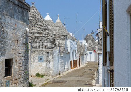 View of Alberobello on a clear day with empty streets 126798716