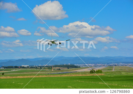 Green grass field and a jetliner preparing to land 126798860