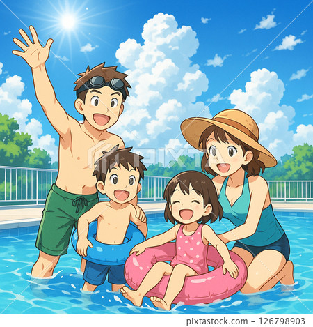 Family playing in the pool in summer 126798903