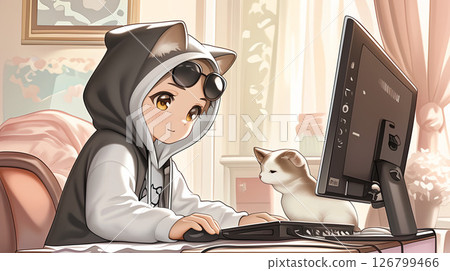 A cat wearing headphones and sunglasses working on a computer on a terrace in a port town 126799466