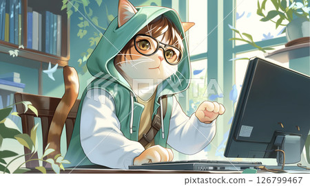 A cat wearing headphones and sunglasses working on a computer on a terrace in a port town 126799467