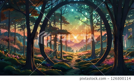 Game background: Mysterious gradient light orb and silhouette forest Game background: Mysterious gradient light orb and silhouette forest 126800114