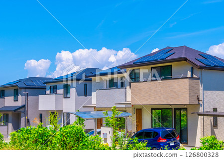 Newly built solar-powered renewable energy residential area 126800328