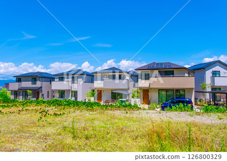 Newly built solar-powered renewable energy residential area 126800329