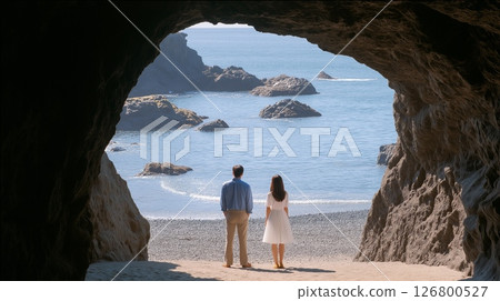 A couple looking out at the ocean on a secret hideaway beach 126800527