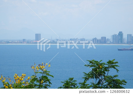 view of the city from the sea blurred houses on the horizon beautiful picture of nature in the background city of da nang in vietnam view of the city from the sea blurred houses on the horizon beautiful picture of nature in the background city of da nang in vietnam 126800632