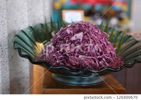 red cabbage on bamboo cutting board. Healthy vegan or vegetarian cooking 126800670