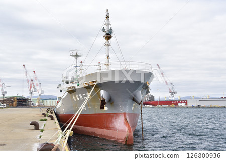 春天，貨船停靠在北海道函館市函館港碼頭的照片 126800936