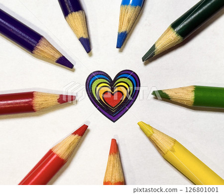 Rainbow-Colored Pencils Forming a Circle Around a Heart Symbol 126801001