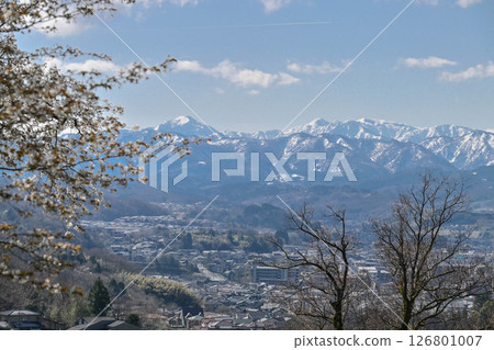 Cherry blossoms bloom in Kanazawa with snow-capped mountains in the background Cherry blossoms bloom in Kanazawa with snow-capped mountains in the background 126801007
