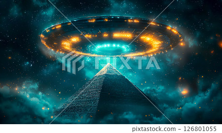 Huge saucer-shaped UFO floating above pyramid-like ruins 126801055