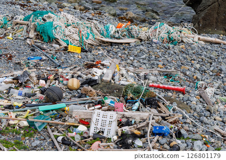 Marine debris washed up on the shore 126801179