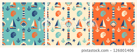 Playful seamless patterns with anchors, boats, and seashells in limited color palette. Summer textile design background, children's apparel design or seaside-themed projects 126801406