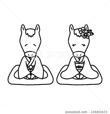 A line drawing of a zodiac sign, horse, greeting someone in a kimono 126801633