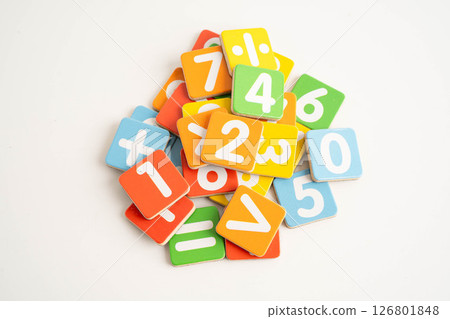 Number wood block cubes for learning Mathematic, education math concept. 126801848