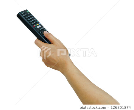 Asian woman use finger of left hand to press button on television remote control isolated on white background with clipping path. 126801874
